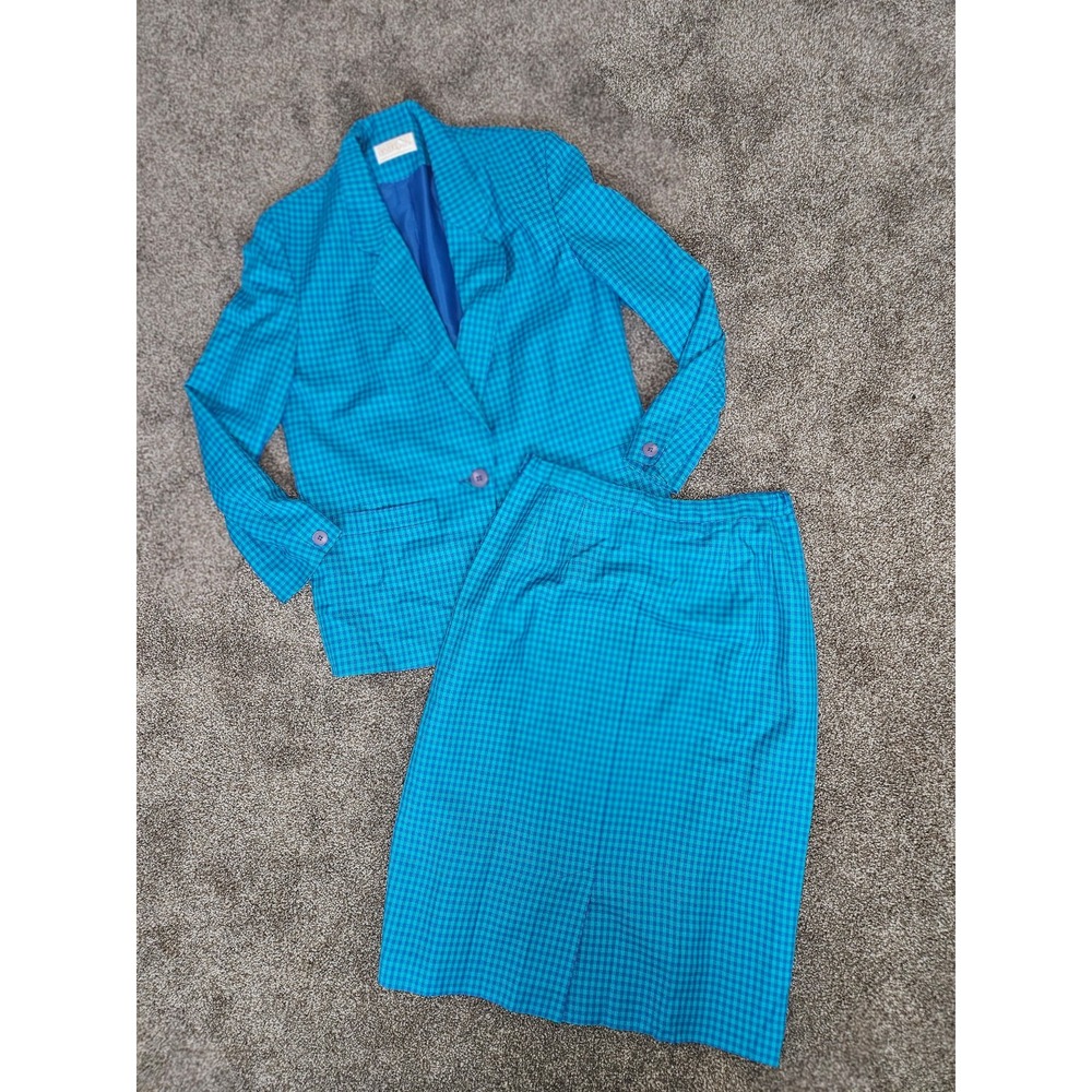 Vintage Softicated Pendleton Turquoise Blue Houndstooth Blazer(12)Skirt Suit USA